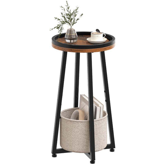 Industrial round side table with a deep cream fabric storage hamper basket holding books on a white background.