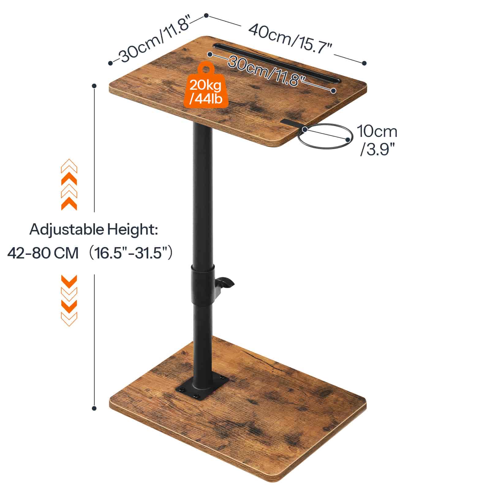 Wooden adjustable stand with dimensions and weight capacity labeled