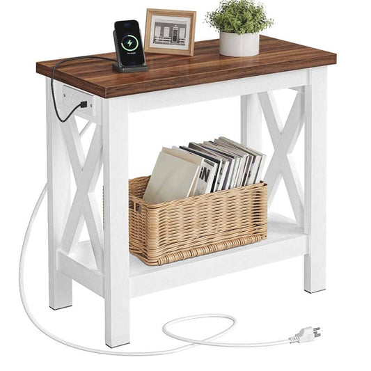 Small wooden table with a basket, phone, and plant on a white background