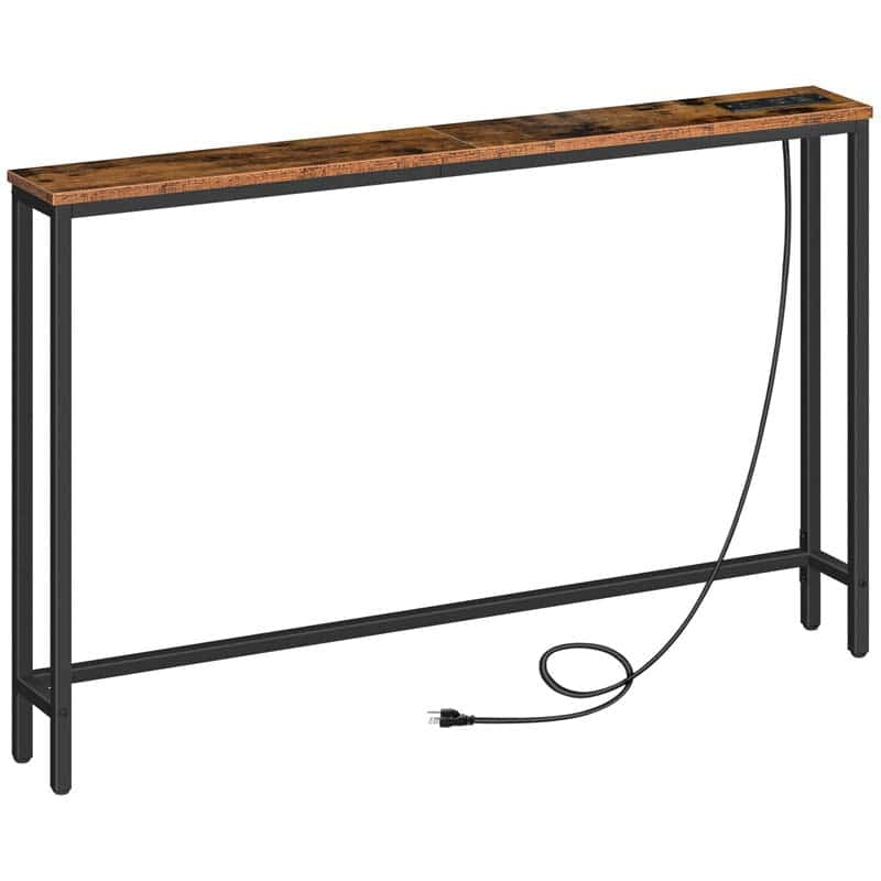 Long narrow wooden table with metal legs on a white background