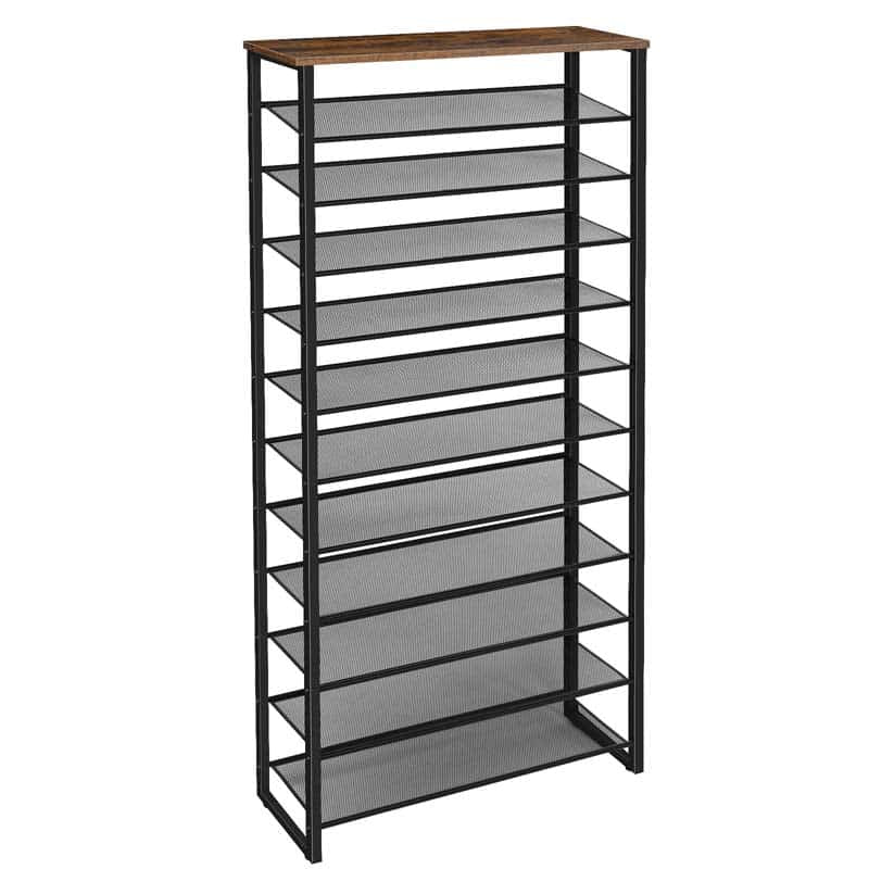 Tall metal shelf with wooden top on a white background