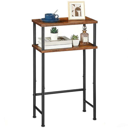 Two-tiered wooden side table with decorative items on a white background