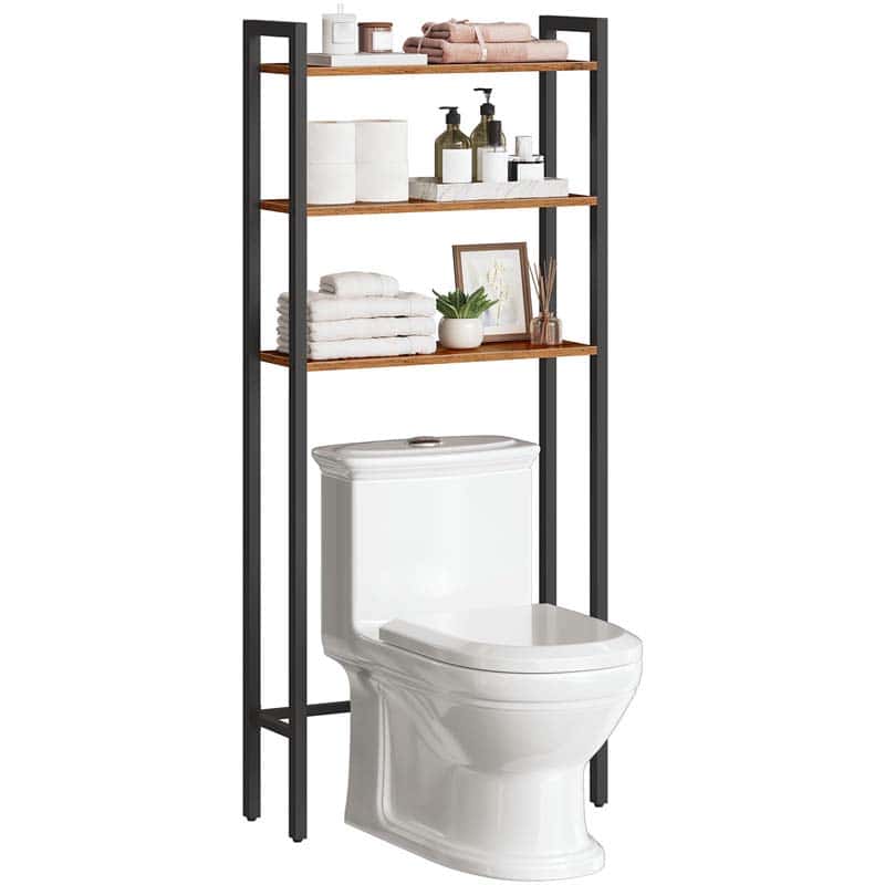 Bathroom setup with a toilet and a freestanding shelf unit.