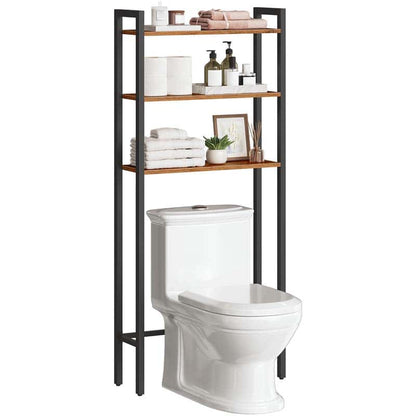 Bathroom setup with a toilet and a freestanding shelf unit.