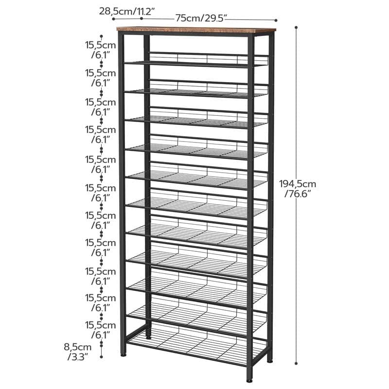 Detailed dimensions and vertical tier clearance specifications chart of HOOBRO 12-level metal shoe tower.