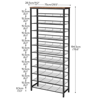 Detailed dimensions and vertical tier clearance specifications chart of HOOBRO 12-level metal shoe tower.
