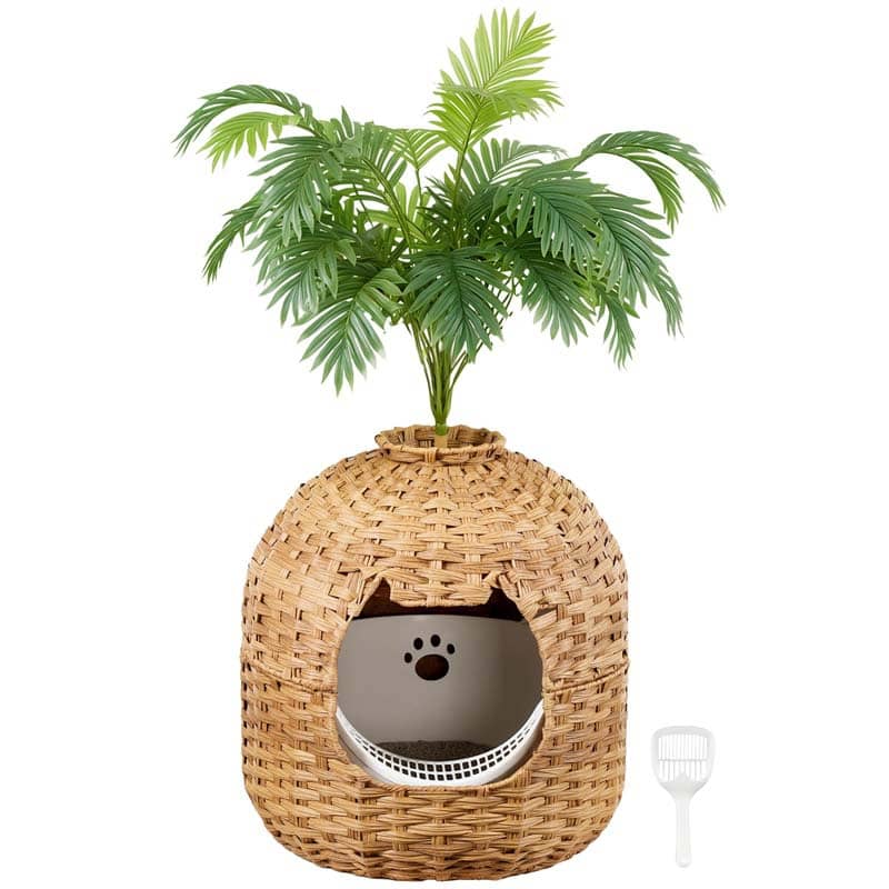 Wicker pet bed with a plant on top against a white background