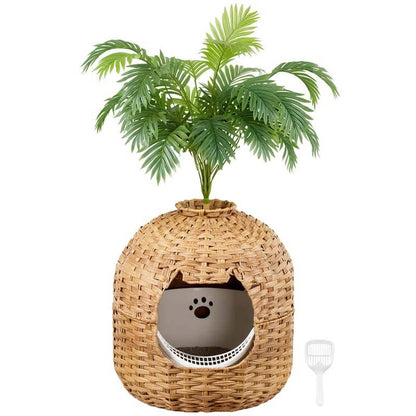 Wicker pet bed with a plant on top against a white background