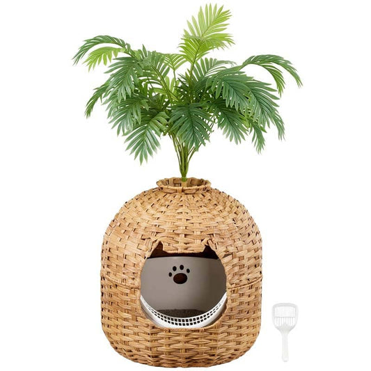 Wicker pet bed with a plant on top against a white background