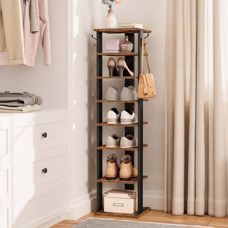 8-tier wooden vertical shoe rack styled inside a modern closet holding heels, sneakers, and bags.