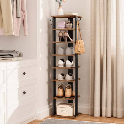 8-tier wooden vertical shoe rack styled inside a modern closet holding heels, sneakers, and bags.