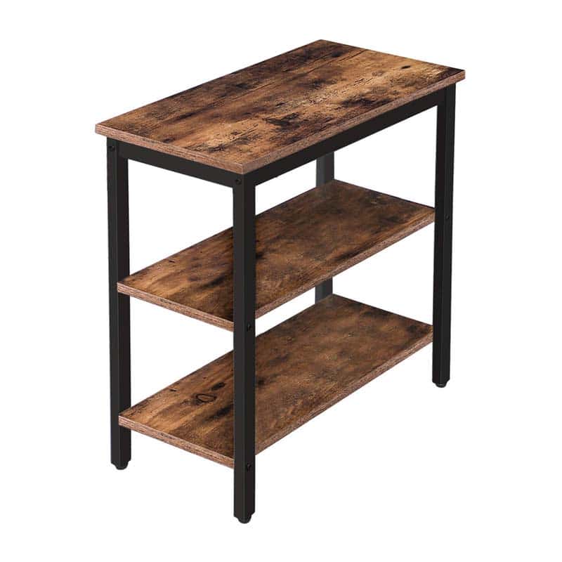 3-tier narrow industrial side table with rustic brown wooden shelves and black iron legs
