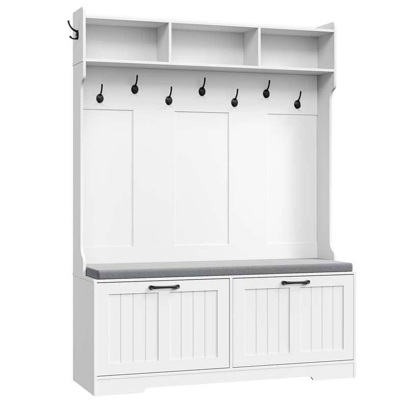 White storage cabinet with hooks and doors on a white background