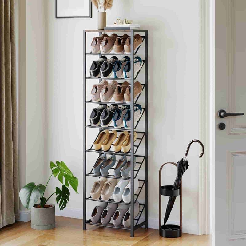HOOBRO 9-tier vertical shoe organizer styling in a modern small entryway next to a door