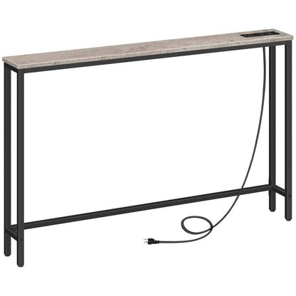Long narrow table with a power cord on a white background