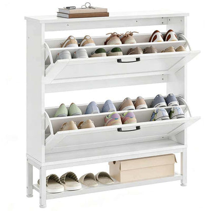 White entryway shoe storage cabinet with two open flip drawers holding sneakers, flats, and heels on a white background.