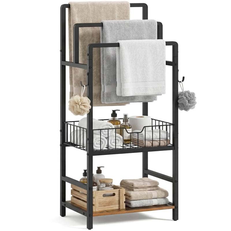 3-tier freestanding towel drying stand in rustic brown featuring a central metal wire basket.