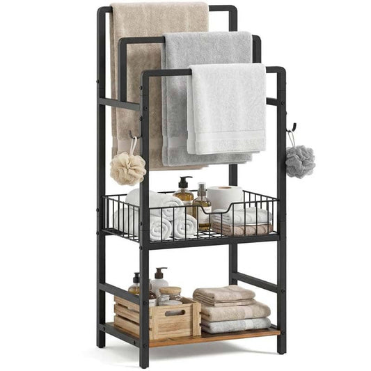 3-tier freestanding towel drying stand in rustic brown featuring a central metal wire basket.