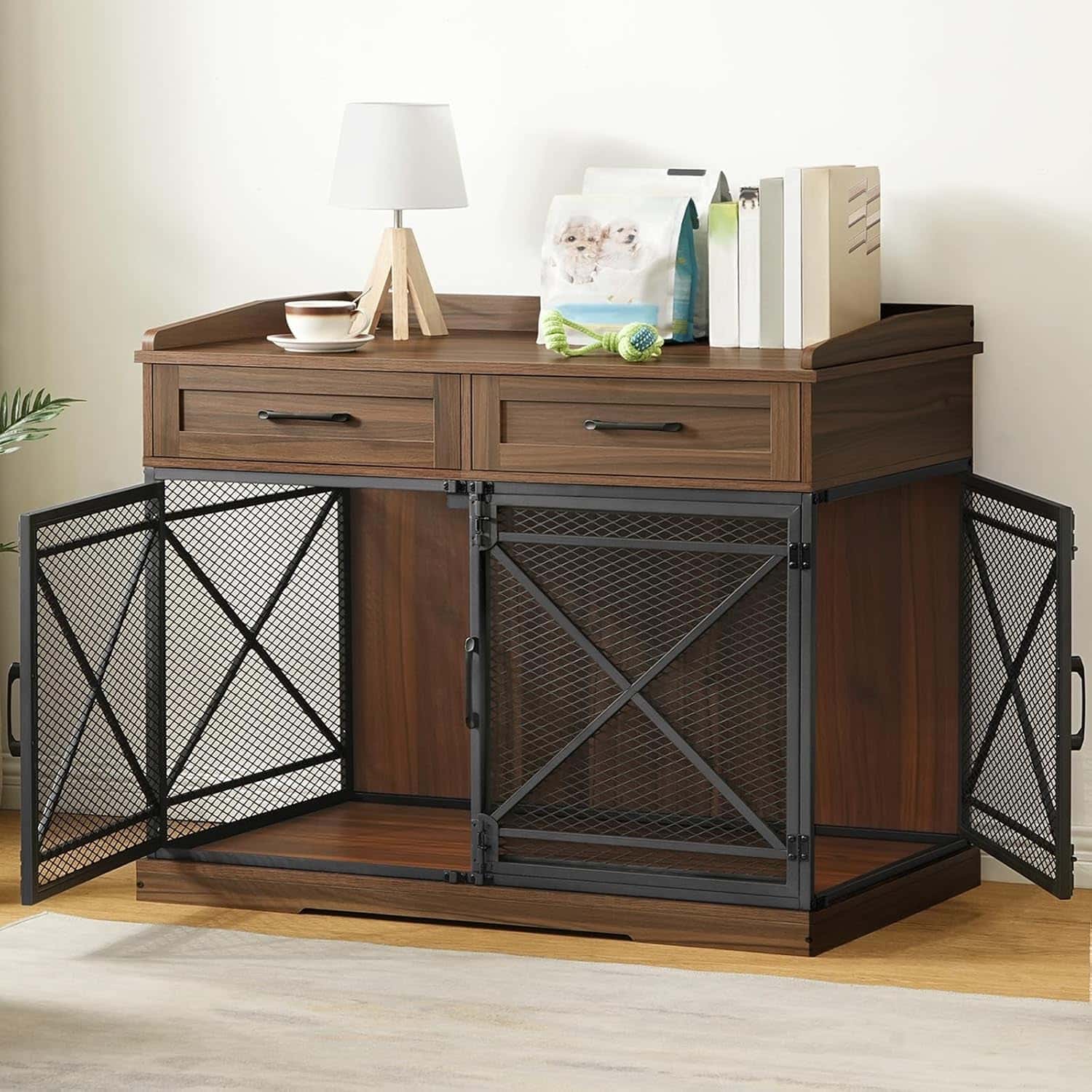 Wooden desk with metal mesh doors in a room setting