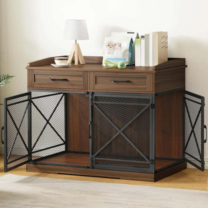 Wooden desk with metal mesh doors in a room setting
