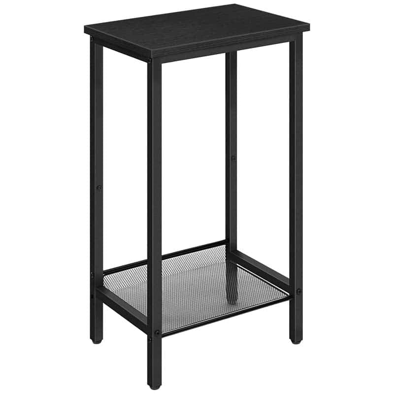 Black metal side table with mesh shelf on a white background