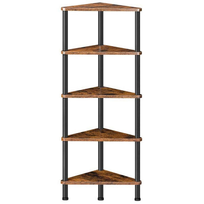 A five-tier corner shelving unit with rustic brown wood triangular shelves and a black metal frame, shown against a plain white background.