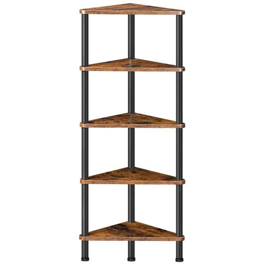 A five-tier corner shelving unit with rustic brown wood triangular shelves and a black metal frame, shown against a plain white background.