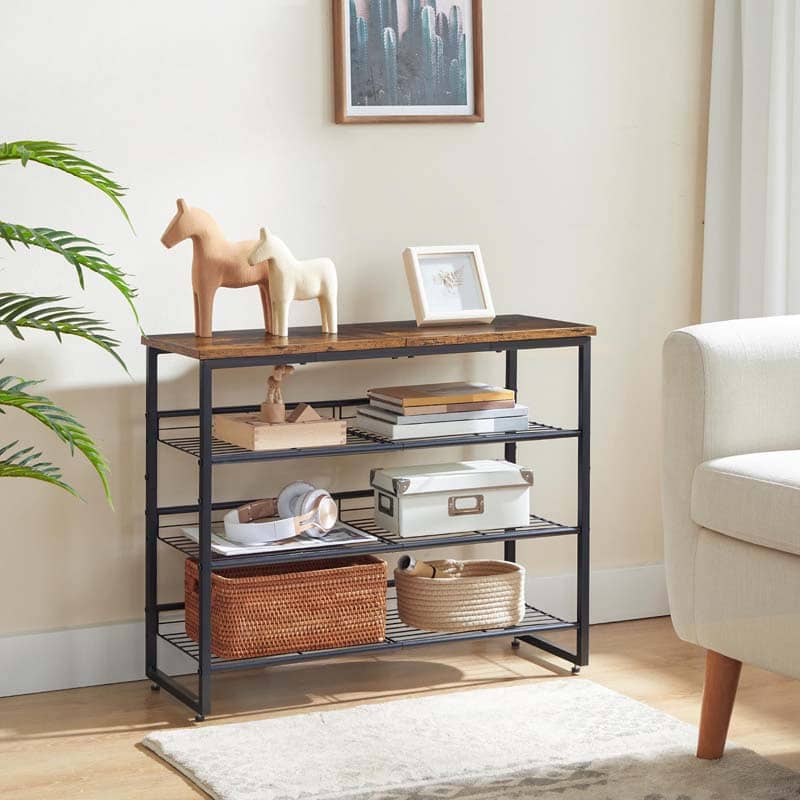 A 4-tier industrial-style side table with a dark wood top and black metal frame, styled with decorative horse figurines, books, storage boxes, and baskets in a bright living room setting.