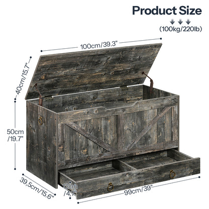 HOOBRO 39.3-inch Wooden Toy Box Storage Box with Drawers & Safety Hinges & U-Shaped Opening