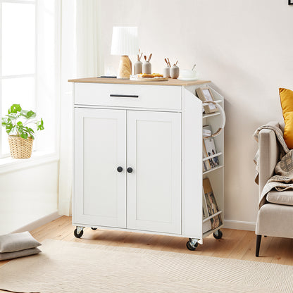 White storage cabinet with wooden top in a room with a window, plant, and sofa.