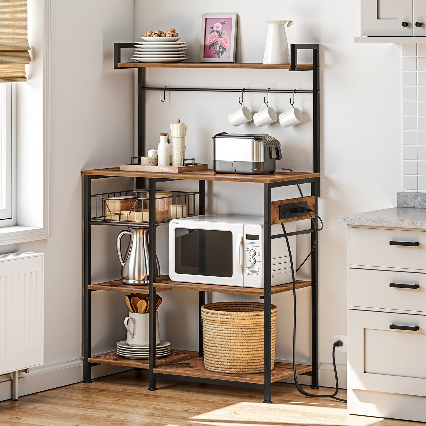 HOOBRO 35.4-inch Bakers Rack with Power Outlet & Mesh Basket & Microwave Bracket