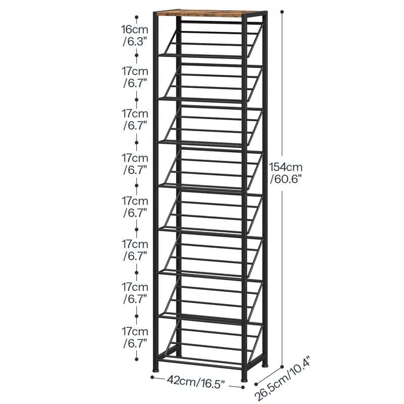 Detailed height and width dimensions of HOOBRO 9-tier narrow slanted shoe rack