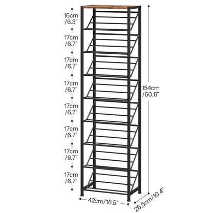 Detailed height and width dimensions of HOOBRO 9-tier narrow slanted shoe rack