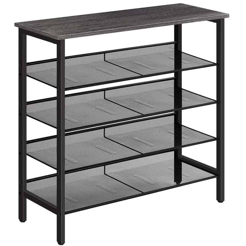 Black mesh shelf with four shelves on a white background
