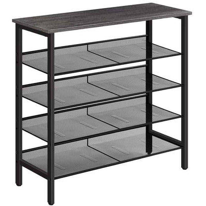 Black mesh shelf with four shelves on a white background