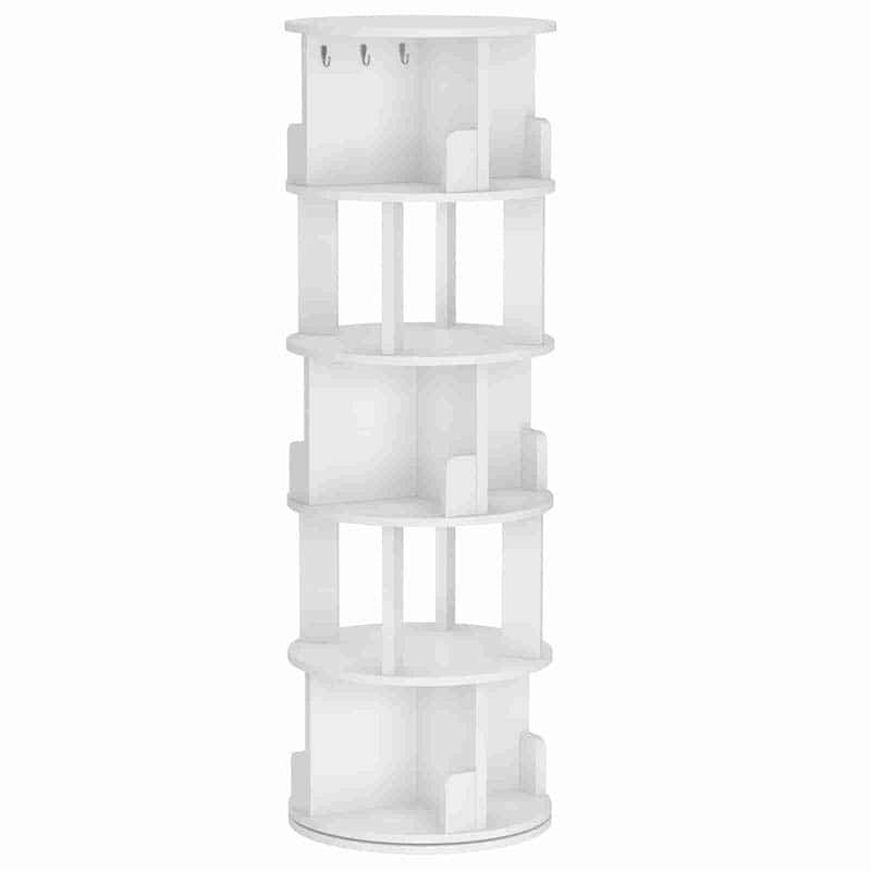 A white, multi-tiered cylindrical corner shelf unit with three small hooks on the top tier, shown against a plain white background.