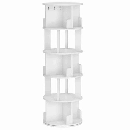 A white, multi-tiered cylindrical corner shelf unit with three small hooks on the top tier, shown against a plain white background.