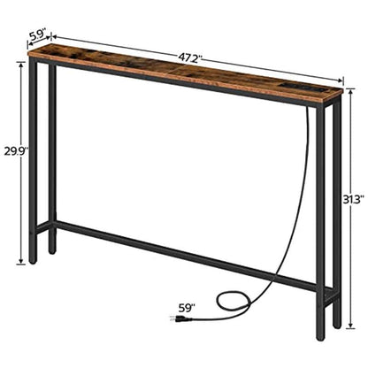 Dimensions of a wooden bar counter with metal legs on a white background