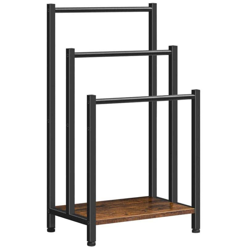 Black metal clothing rack with a wooden shelf on a white background