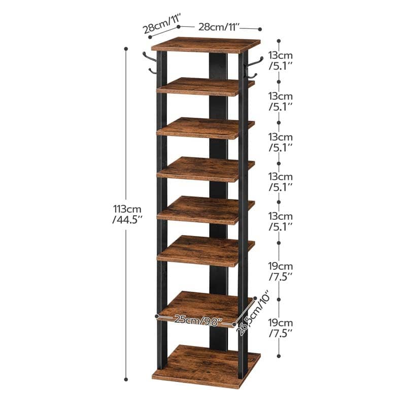 Size dimensions chart for the tall vertical shoe shelf measuring 11 by 11 by 44.5 inches.