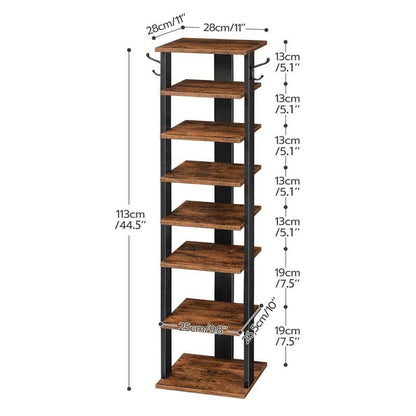 Size dimensions chart for the tall vertical shoe shelf measuring 11 by 11 by 44.5 inches.