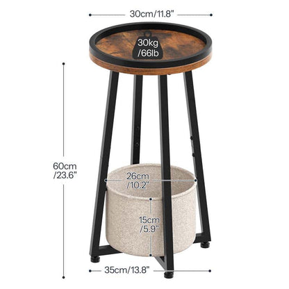 Detailed dimensions and circular tabletop diameter specifications chart of HOOBRO skinny round end table.