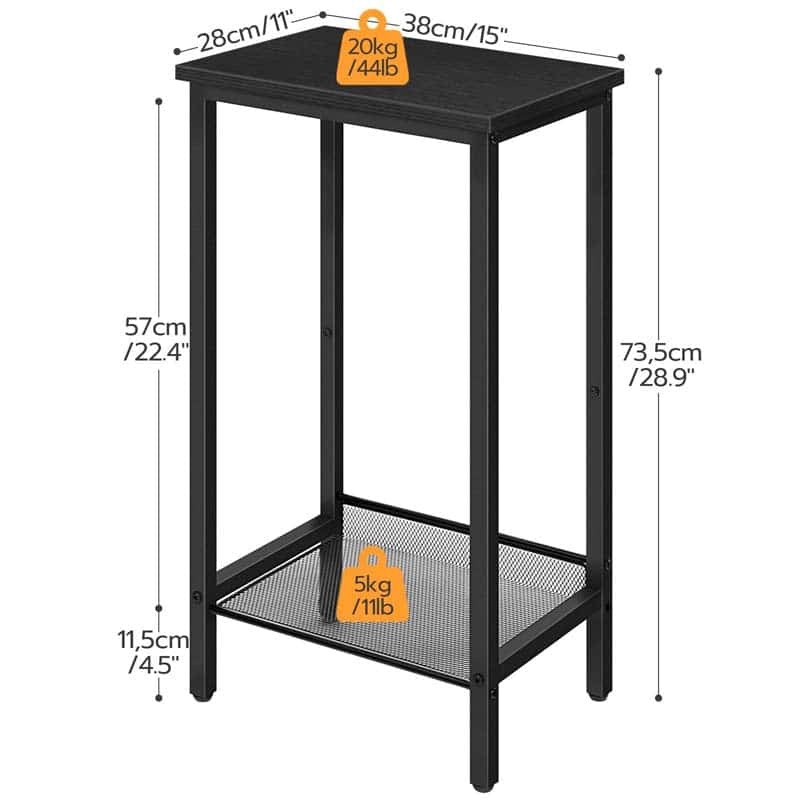 Black metal side table with dimensions and weight capacity displayed