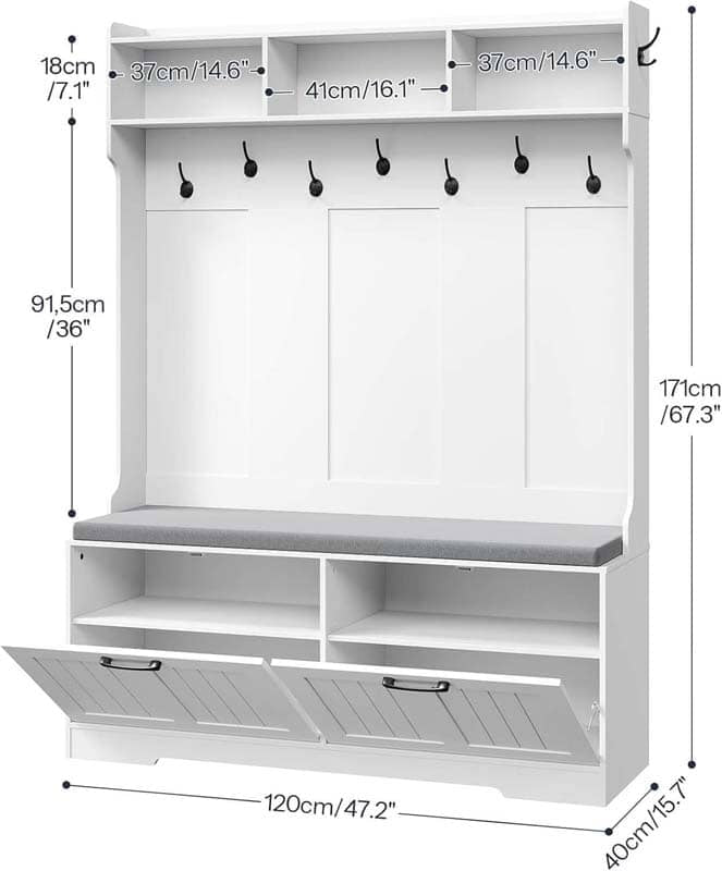 White hallway storage unit with hooks and shelves, showing dimensions on a white background.