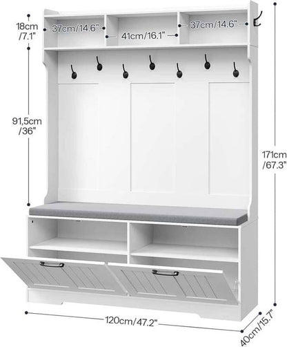 White hallway storage unit with hooks and shelves, showing dimensions on a white background.