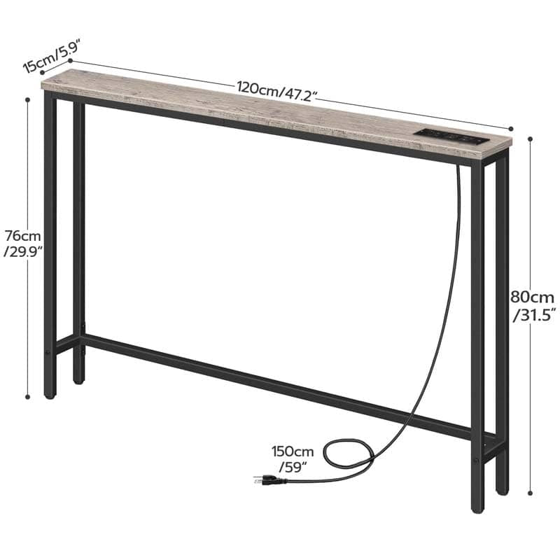 Console table with dimensions labeled on a white background