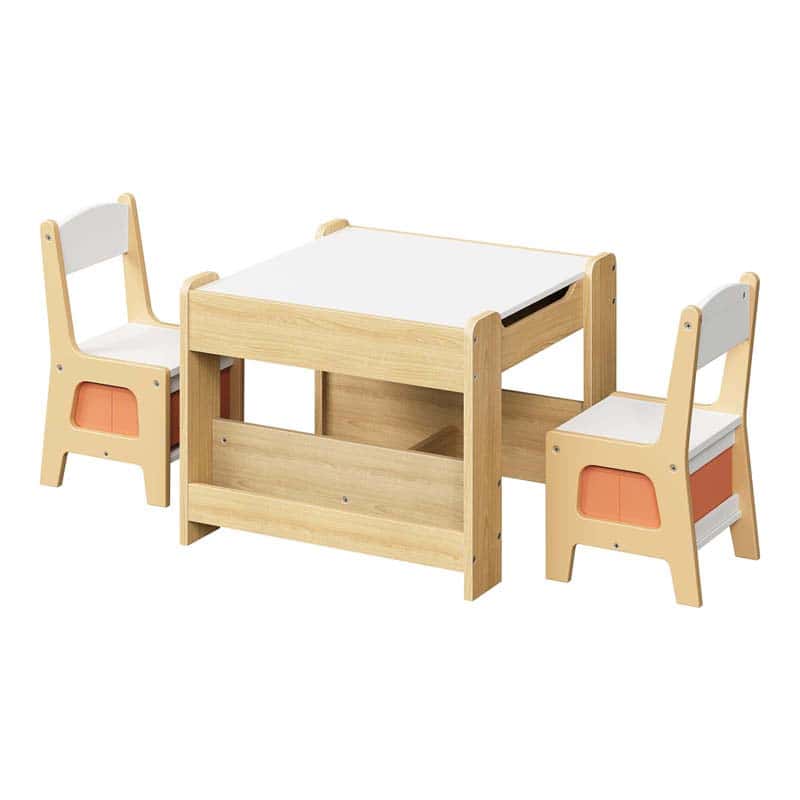 Children's wooden table and chairs set on a white background