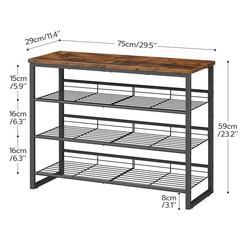 Wooden table with metal shelves and dimensions labeled on a white background