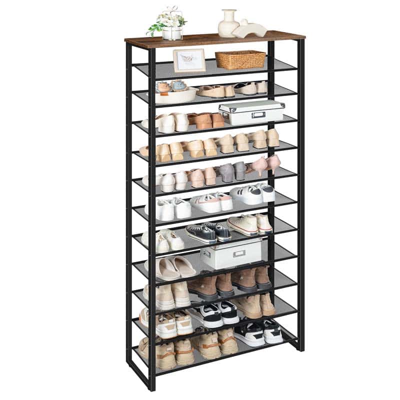 10-tier shoe rack with various shoes on a white background