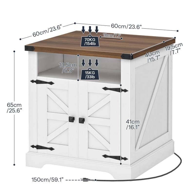 HOOBRO 23.6-inch White Wooden Farmhouse Night Stand with Charging Station